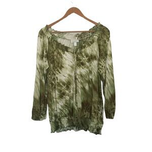 Dressbarn Boho Women Top Olive Green Tie Dye , elastic around neck - Size L